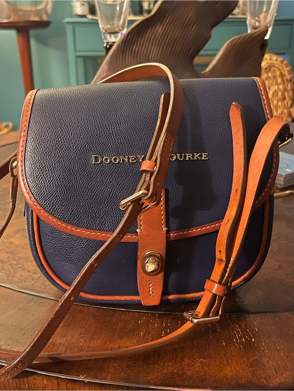 Dooney & Bourke Navy and Tan Leather Crossbody Saddle Bag